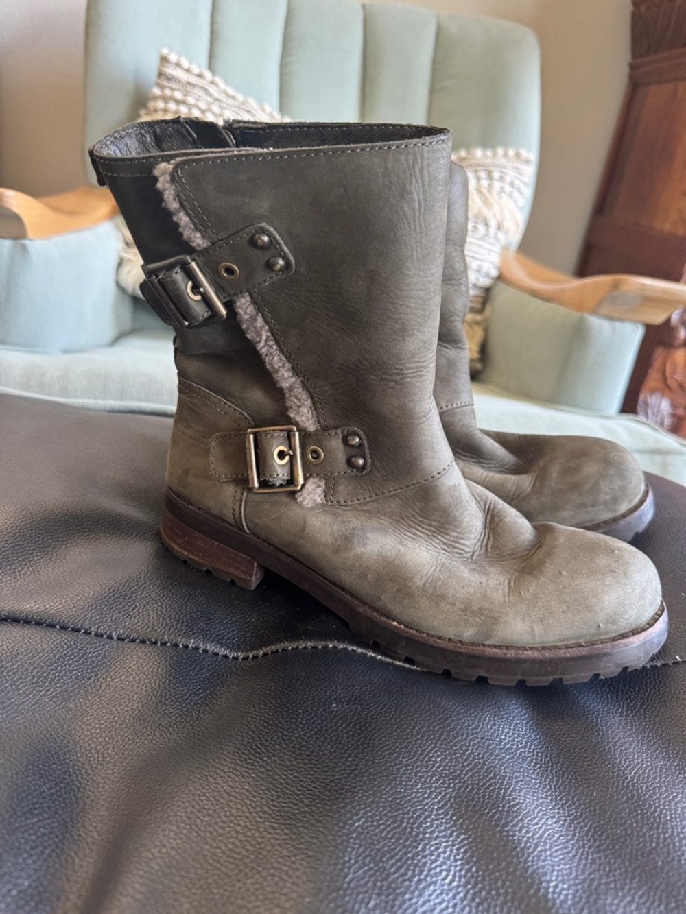 UGG Neils II Leather Shearling-Trim Moto Boots - Olive Gray